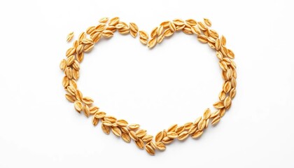 Obraz premium Heart-shaped arrangement of oat cereal rings on white, studio shot, brown