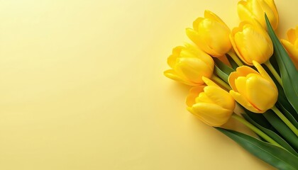 Yellow tulips on pastel background with copy space. Fresh spring flowers arranged for greeting card, event invitation, or website banner. Minimalist botanical decor.