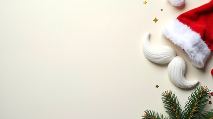 Santa Hat and Beard with Pine Branches and Gold Stars on Cream Holiday Background