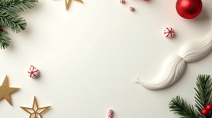 Santa Hat and Beard with Pine Branches and Gold Stars on Cream Holiday Background