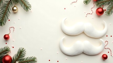 Santa Hat and Beard with Pine Branches and Gold Stars on Cream Holiday Background