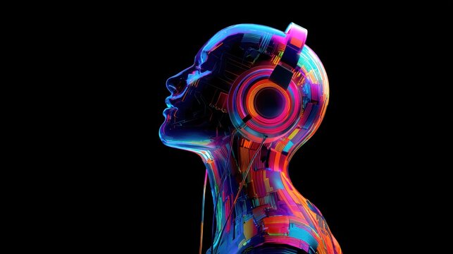 A vibrant futuristic silhouette listens to music through large headphones showcasing bright colors and intricate designs.