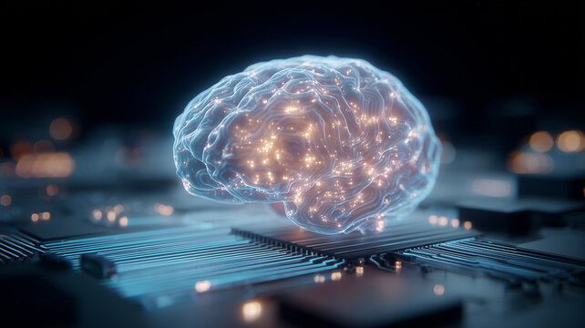 Neural network brain over circuitry illustrating artificial intelligence processing and cognitive computing at chip level.
