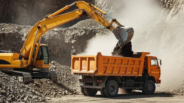 Heavy excavator loading aggregate into a dump truck at quarry