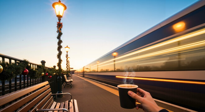 Hand holding coffee cup while waiting on train platform at sunset  