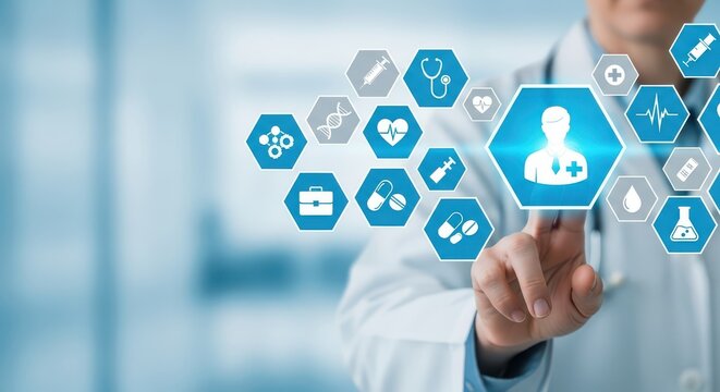 Doctor Touching Futuristic Screen with Patient Icon Surrounded by Medical and Health Technology Symbols. Concept of Digital Healthcare, Telemedicine, and Modern Medical Services Interface.