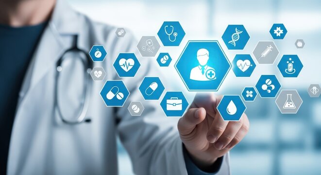 Doctor Touching Futuristic Screen with Patient Icon Surrounded by Medical and Health Technology Symbols. Concept of Digital Healthcare, Telemedicine, and Modern Medical Services Interface.