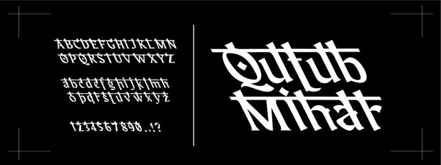 Qultub minar. Devanagari alphabet chart on font. Indian languages Hindi, Sanskrit and Marathi Indian