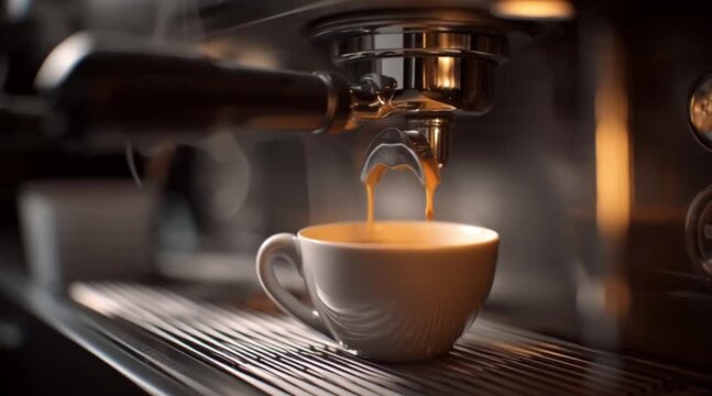 Rich espresso pouring from professional machine into white cup creating warm inviting coffee shop atmosphere perfect for cafe promotion