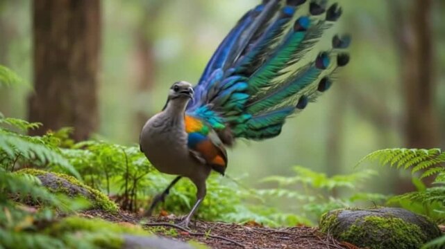 Spectacular Alberts Lyrebird Displaying in Lush Rainforest Environment showcasing vibrant plumage and unique courtship behavior in its natural habitat a symbol of avian beauty 