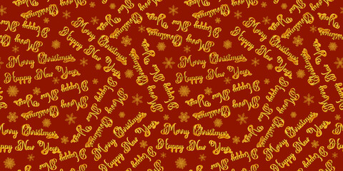 Seamless pattern with the inscription "Merry Christmas and Happy New Year" and snowflakes on a red background. Suitable for wallpaper, backdrops, textiles, packaging, and paper. Vector illustration.