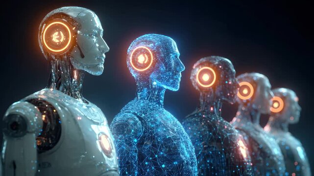 Five futuristic humanoid robots with glowing features stand side by side, showcasing various designs and technologies in a dark setting