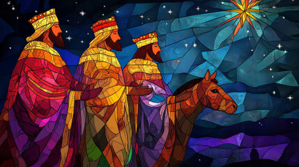 A vibrant, traditional stained-glass illustration of three wise men and star of Bethlehem beautiful radiant colors with copy space ideal for artistic religious Christmas card holiday background
