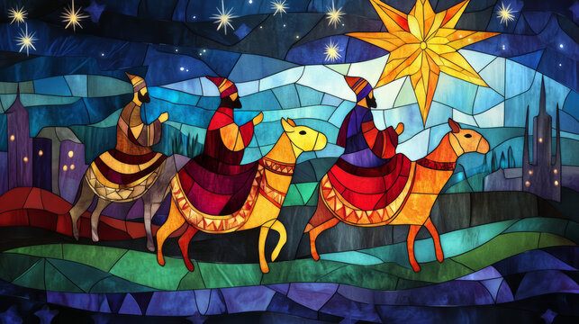 A vibrant, traditional stained-glass illustration of three wise men and star of Bethlehem beautiful radiant colors with copy space ideal for artistic religious Christmas card holiday background