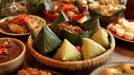 Delicious Indonesian cuisine displayed beautifully showcasing fragrant rice meat and fresh herbs.