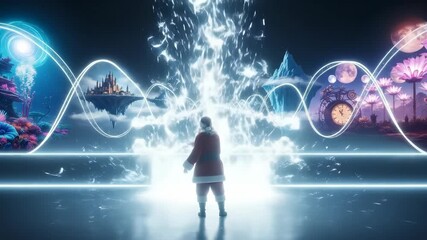 Santa Claus in a futuristic world touches a magical energy portal. Animation of fantasy dimensions and alternate realities. Christmas sci-fi concept - Powered by Adobe