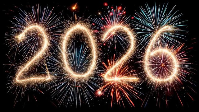 Vibrant fireworks exploding around sparklers forming the number 2026 in a night sky celebration, new year concept