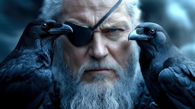 Ancient one eye Nordic patriarch, supreme elder with a long white beard, symbolizing fierce war and profound sagacity. Two loyal mystical ravens flank him, sharing divine knowledge.