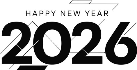 Modern abstract design celebrating happy new year 2026 with bold typography and geometric elements