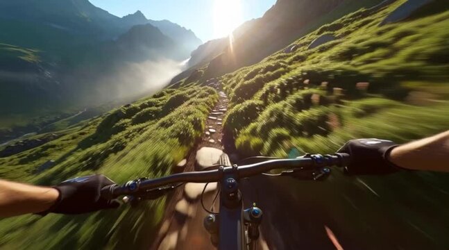 Feel the rush mountain biking down a steep rocky trail with breathtaking mountain views in dynamic action, perfect for adventure and outdoor lifestyle content