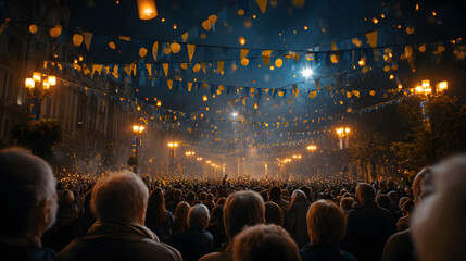 Happy crowd gathered in city square under glowing lanterns and banners 