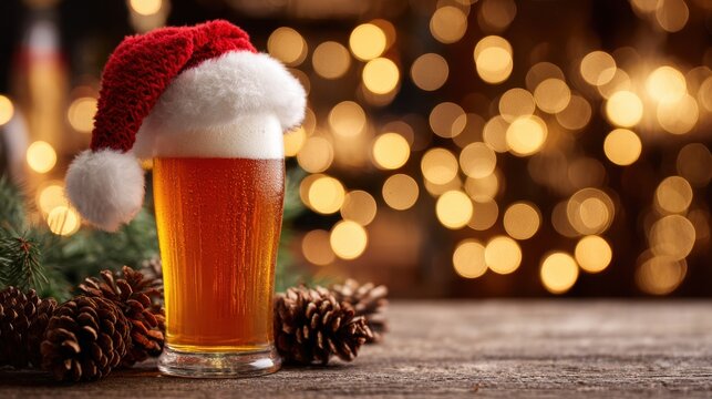 A glass of beer wearing a Santa hat rests on a rustic table with pinecones and warm holiday lights nearby.