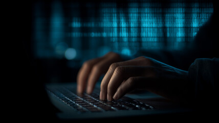 Hands typing in a dark workspace portray active threat hunting and incident response to protect data against evolving attacks.
