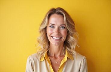 Fototapeta premium Middle aged blonde woman smiles brightly at camera. Her blue eyes sparkle with happiness. Professional headshot with yellow studio background shows friendly person.