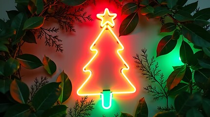 Neon Christmas Tree with Star Surrounded by Flowers and Leaves on Festive Background
