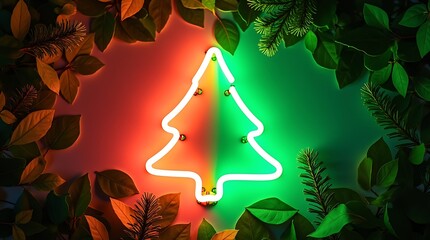 Neon Christmas Tree with Star Surrounded by Flowers and Leaves on Festive Background

