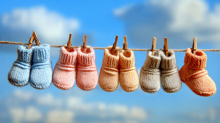 “Baby booties lined up on a clothesline, stock image.”