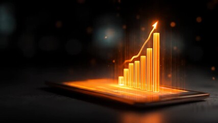 Glowing orange bar chart with arrow on tablet, symbolizing digital business growth, financial success, data analytics & market performance. - Powered by Adobe