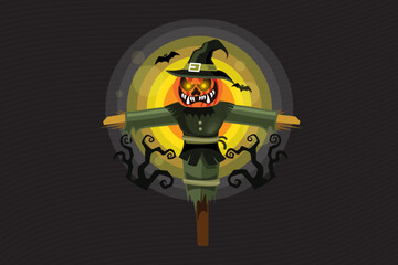 Halloween pumpkin and skull background with glowing lightbulb concept