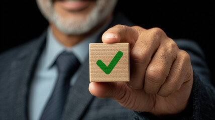 Hand presenting a block with a bold check mark, conveying approval, compliance, reliability, and a confirmed positive decision.
