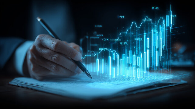 Hand writing on paperwork with holographic market charts rising above, reflecting financial analysis, risk management, and results oriented planning.
