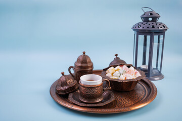 Traditional Turkish tea with dates and lokum for Ramadan Iftar