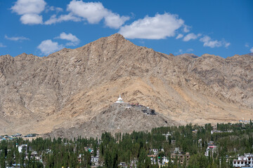 Leh, India - September 17, 2025: Famous Shanti Stupa located on a hilltop overlooking Leh