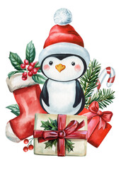 Watercolor penguin in red hat with gifts candy cane holly leaves berries and stocking cute winter illustration for festive decor