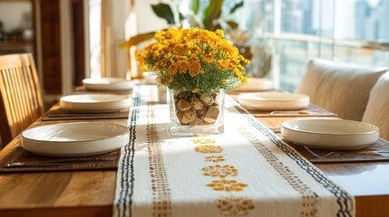 A lovely dining table showcases bright yellow flowers ready for a joyful gathering in the afternoon sun.
