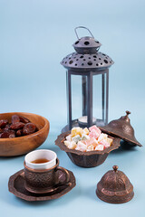 Traditional Turkish tea with dates and lokum for Ramadan Iftar