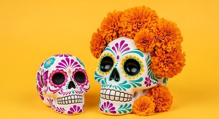 Two colorful sugar skulls, one large and one small, decorated with marigolds against yellow day of the dead