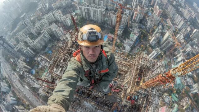 Construction worker takes selfie on top of a high-rise building in a bustling cityscape during the day