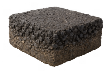 Asphalt block cross-section with ground and gravel layers on transparent background showing road construction detail