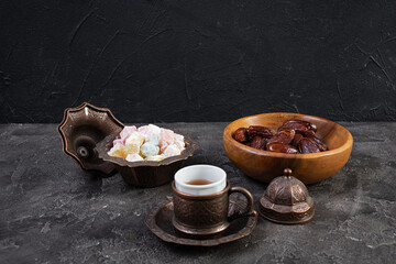 Traditional Turkish tea with dates and lokum for Ramadan Iftar