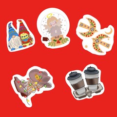 sticker pack with coffee mugs, little cute angel, western boots, winter solstice symbol and christmas lights on red background