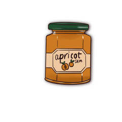 cute illustration-sticker design of apricot jam jar on transparent background, fruits, summer inspo