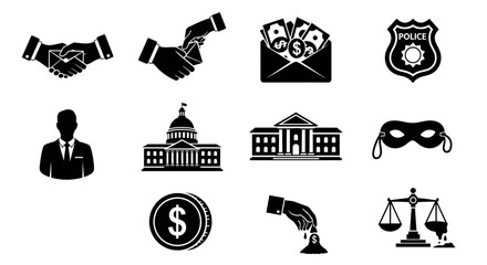 Black silhouette icons depicting various symbols of business, politics, and justice, including handshake, cash envelope, police badge, scales, and government buildings.