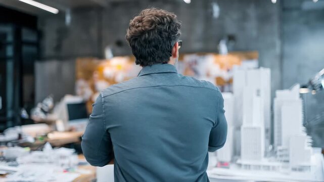 Architect smiling confidently in a modern office with design models and plans scattered around