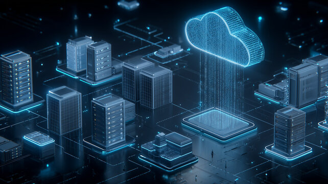 Cloud architecture above networked data centers, illustrating enterprise migration, scalability, and centralized management across platforms.
