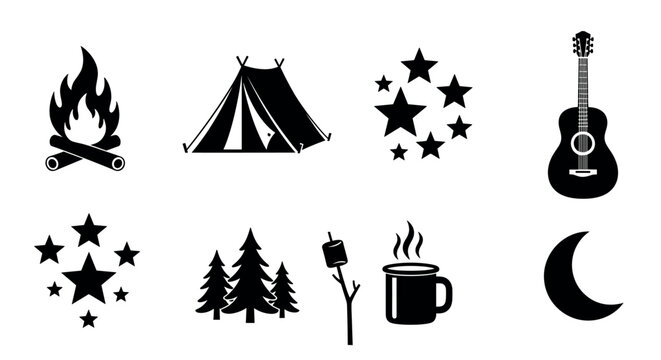 Black silhouette icons of a campfire, triangular tent, star clusters, acoustic guitar, evergreen trees, marshmallow on stick, steaming mug, and crescent moon.
